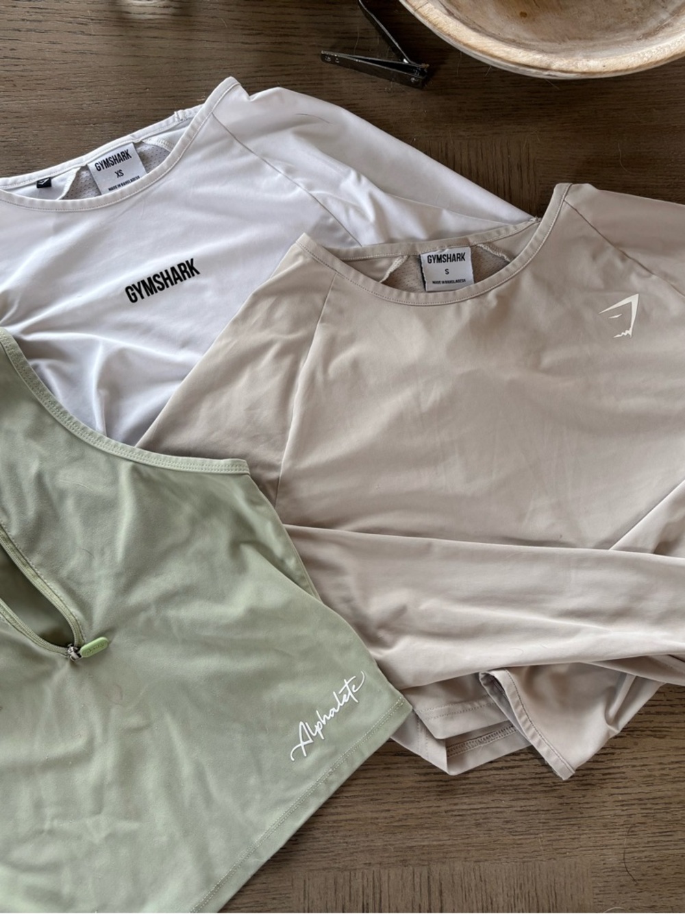 Gymshark White Tee, Beige Long Sleeve & Sage Green Alphalete zip up crop